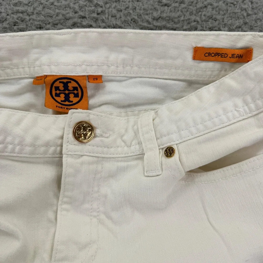 Tory Burch Womens White Cropped Jeans Straight Leg Logo Pockets Size 29
